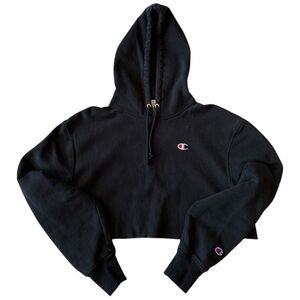 champion women’s black reverse weave cropped cut-off hoodie, size M